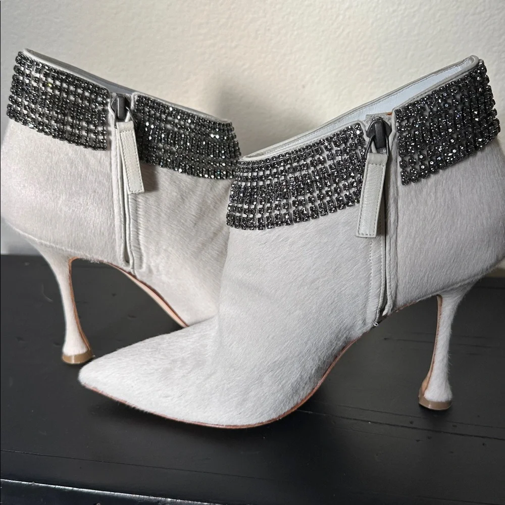 Manolo Blahnik Bomabi Calf Hair & Crystal White Ankle Pointed Toe Booties 38